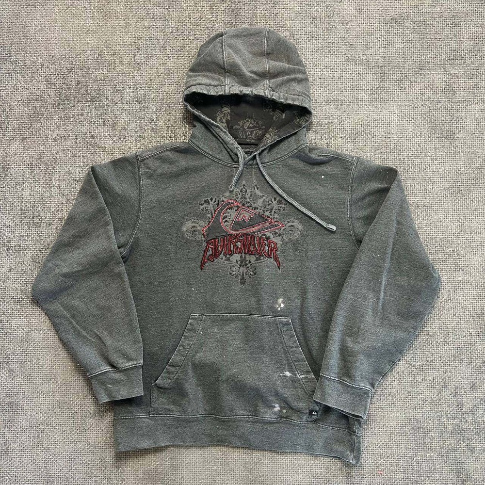 Quiksilver Hoodie Mens Large Charcoal Gray Y2K Skate Embroidered Logo Pullover